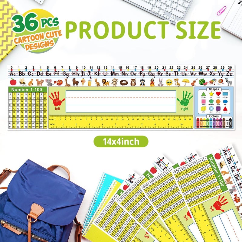 Hedeey 36 Pack Self Adhesive Name Tags for Classroom Student Desks,Multipurpose Manuscript Students Name Plates for desks Classroom with Alphabet Letters,Number Chart,Ruler(14.2 x 4 Inch,Yellow) - Image 2